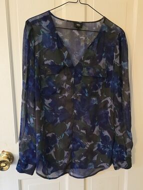 Mossimo Supply Co. Navy, Black & Purple Floral Sheer V-Neck Blouse Size M